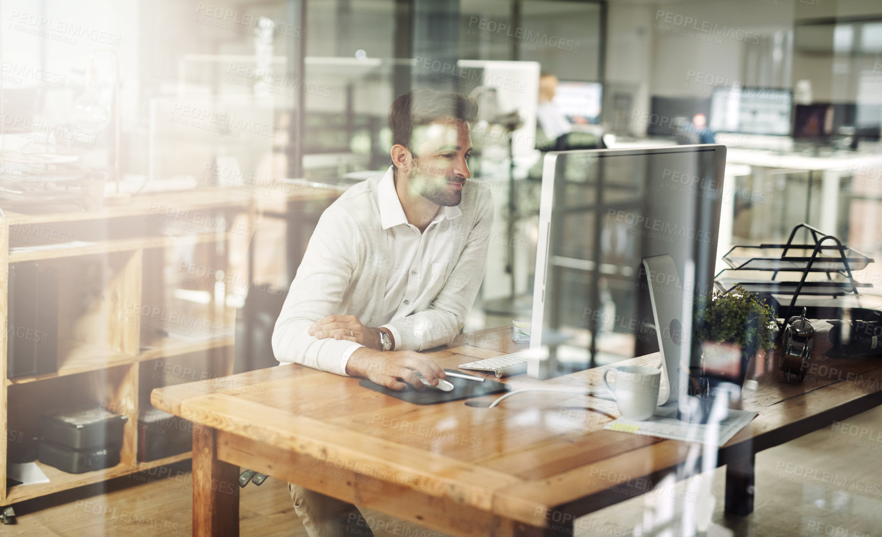 Buy stock photo Businessman, desktop computer and office with research, connection and working late in financial firm. Male person, professional and concentration on workload, deadline or administration in corporate