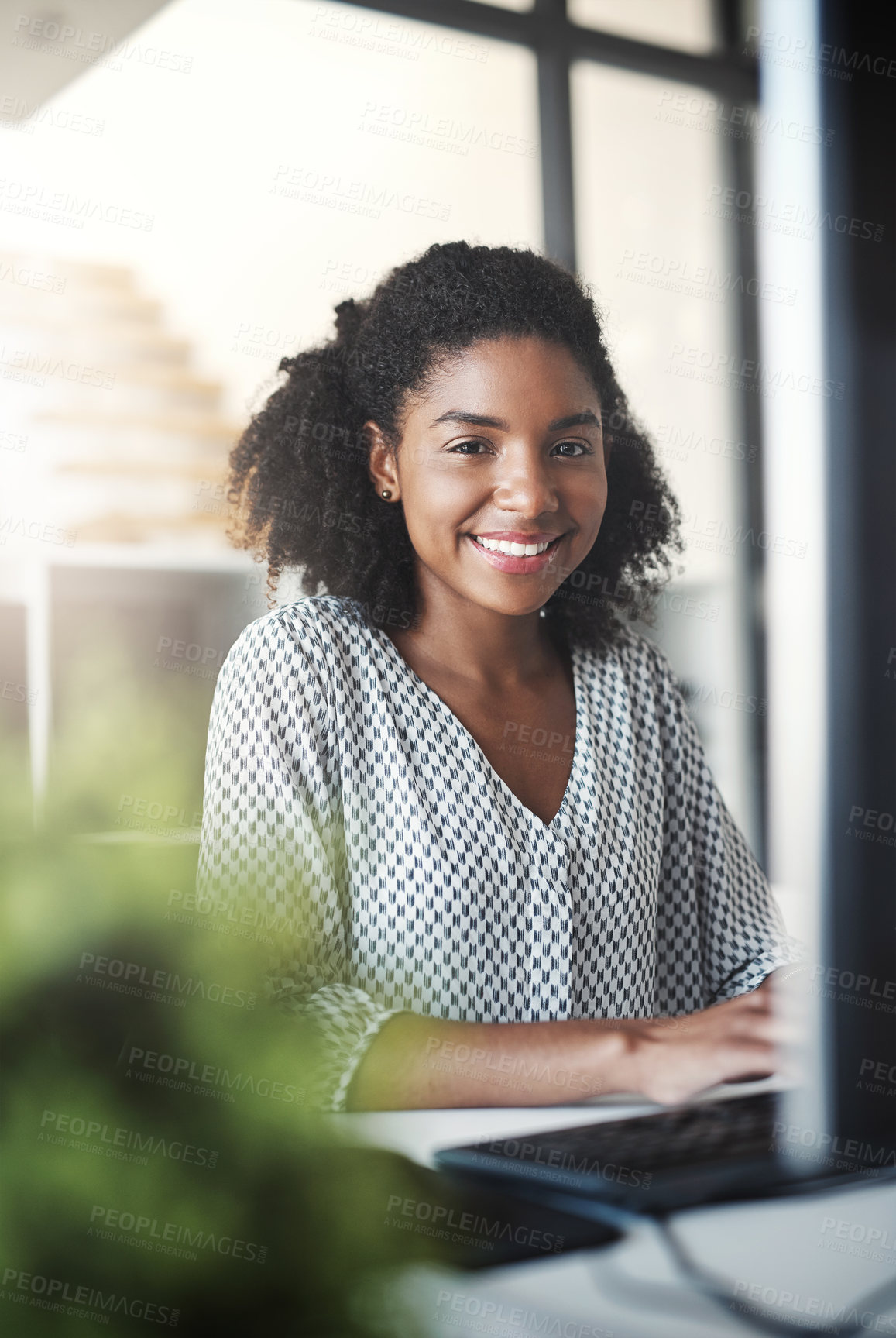 Buy stock photo Portrait, business and black woman with computer, smile and connection with internet. African person, employee or consultant with pc, planning or creativity with career ambition, journalist or writer