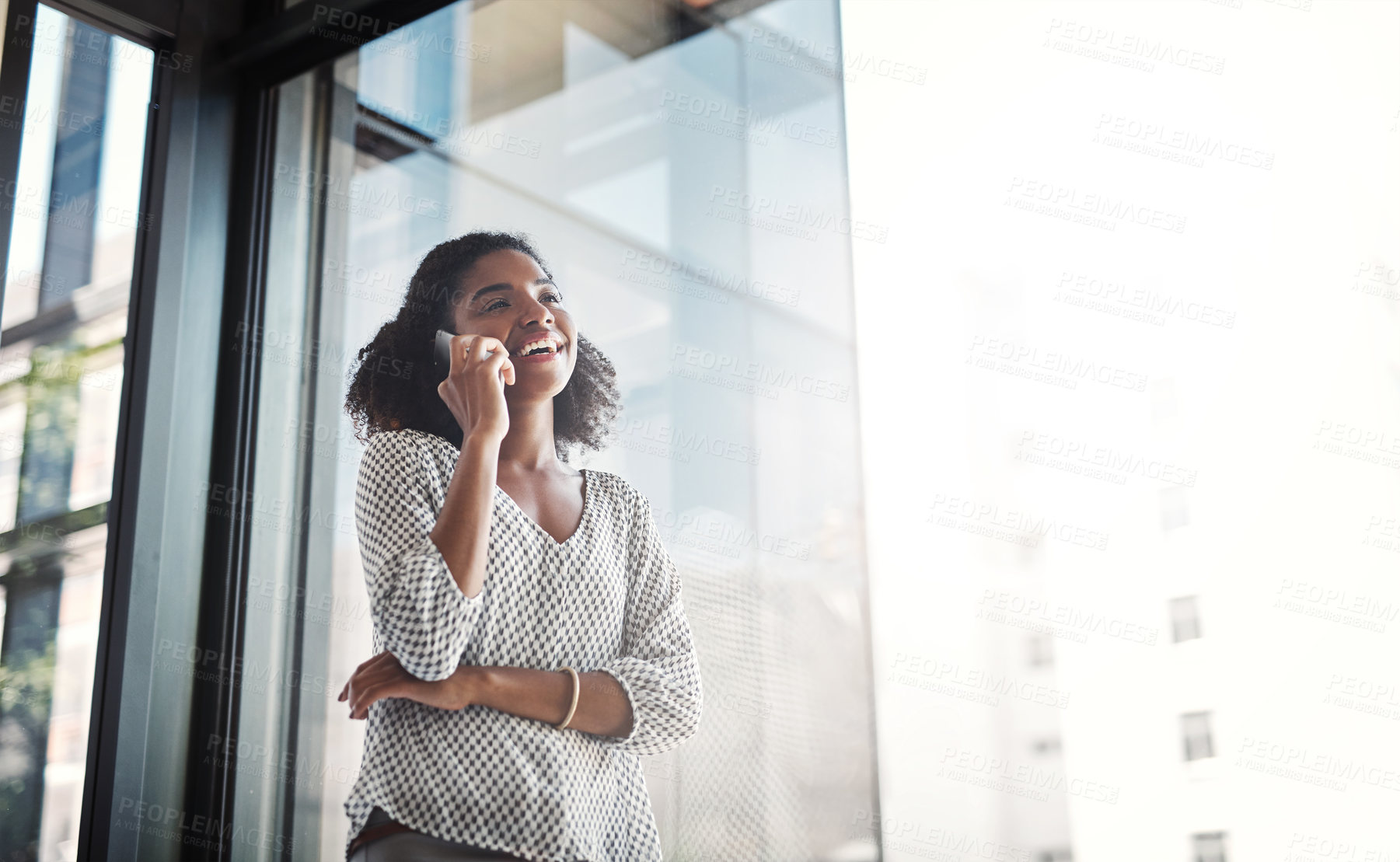 Buy stock photo Phone call, business or black woman laughing in startup for networking, negotiation or development. Smile, window or proud African entrepreneur on mobile for talking, funny joke or deal discussion