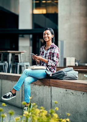 Buy stock photo Girl, college student and smartphone for portrait, outdoor or education with smile on mobile app at campus. Indian person, happy and phone with backpack, texting or book on social media at university