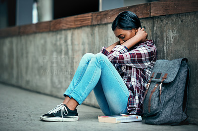 Buy stock photo Student, anxiety and woman with burnout, university and depression with mental health issues, problems and frustration. Female person, academic or girl with backpack, stress or headache with deadline