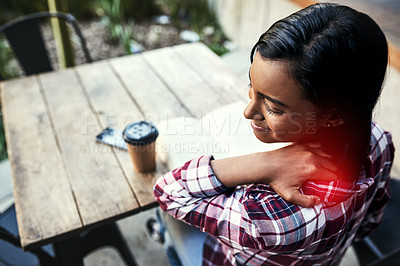 Buy stock photo Girl, student and neck pain of stress at college with inflammation, uncomfortable ache and academic burnout. Top view, person and massage shoulder on campus with muscle tension, strain and injury