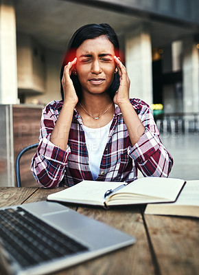 Buy stock photo Woman, student and headache in stress, burnout or anxiety from overworked or studying at campus. Stressed female person or university learner suffering bad head pain, strain or ache with study books