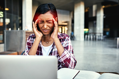 Buy stock photo Woman, student and laptop with headache in stress, anxiety or burnout from overworked or studying at campus. Stressed female person or university learner suffering bad head pain, strain or ache