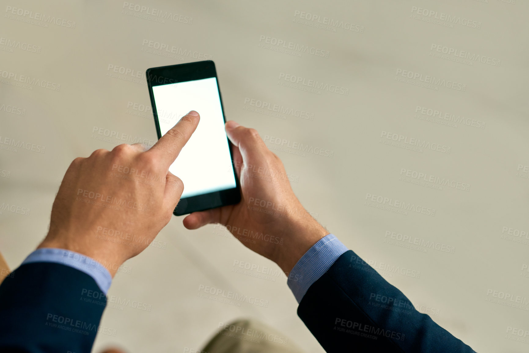 Buy stock photo Business person, hands and phone screen with touch for online browsing, interaction or app at office. Closeup of employee or user on mobile smartphone display for UI, UX or mockup space at workplace