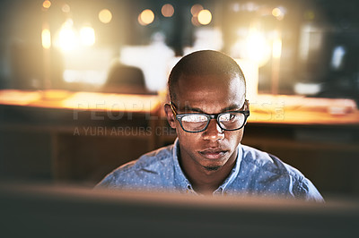 Buy stock photo Night, computer and business black man with glasses for website, research and reading news in office. Corporate, developer and worker online for software update, networking and working on web design