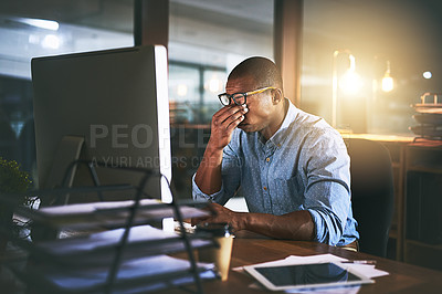 Buy stock photo Black man at office, night and headache with stress and vision problem, computer glitch and burnout from overtime. Male in business with migraine, brain fog and working late, frustrated with 404