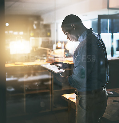 Buy stock photo Professional black man, tablet and night business, information technology and software update. Male programmer work late, overtime and deadline with focus, concentration and cyber security upgrade