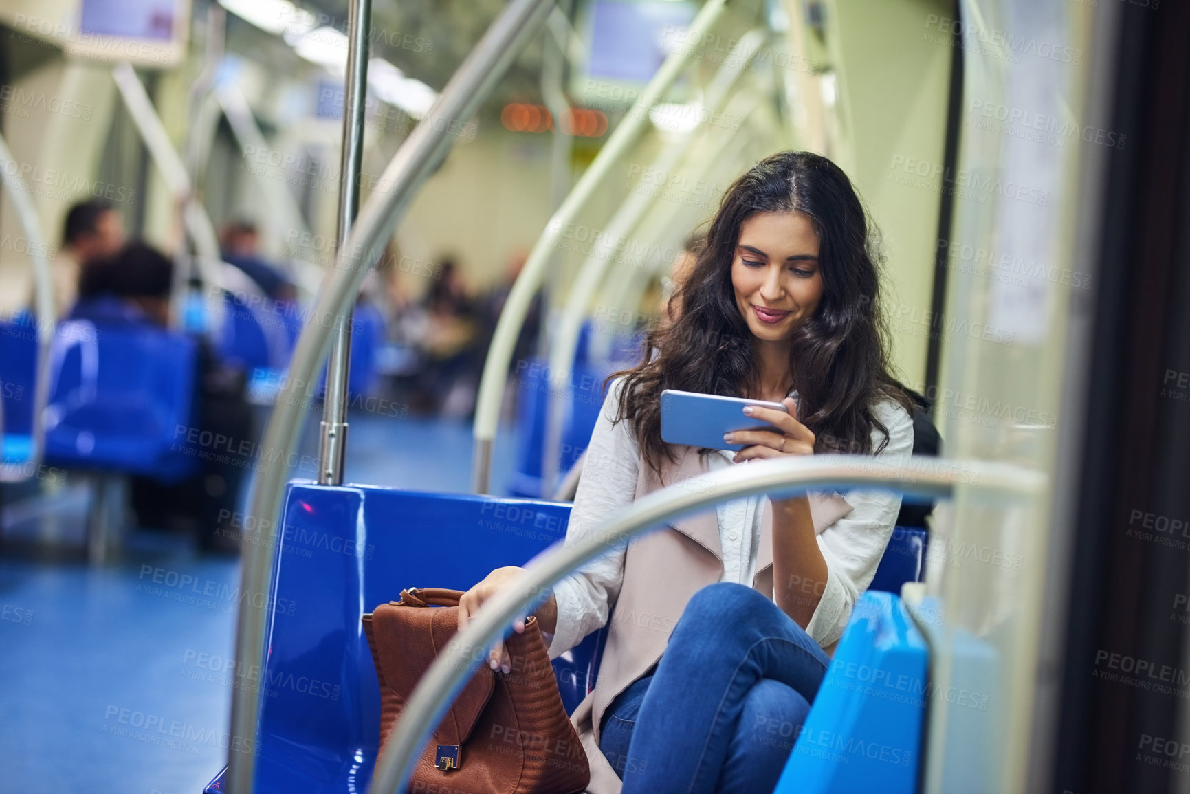 Buy stock photo Train, travel and woman with phone for watching videos on journey, commute and passenger on metro. Public transport, railway and person on smartphone for social media, internet and website on subway