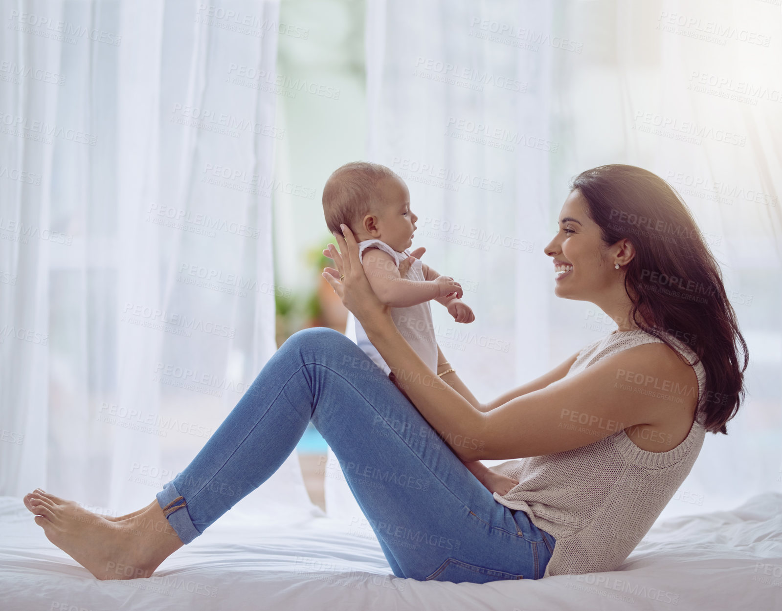 Buy stock photo Happy mother, baby and bonding with love on bed for care, motherhood or childhood at home. Mom with smile and playing with little todder, newborn or infant in bedroom for holiday or weekend at house