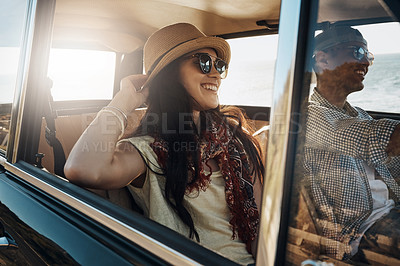 Buy stock photo Happy couple, summer and on a road trip in a car for freedom, travel and holiday. Smile, relax and a young man and woman in transportation driving for a vacation, date or an adventure together