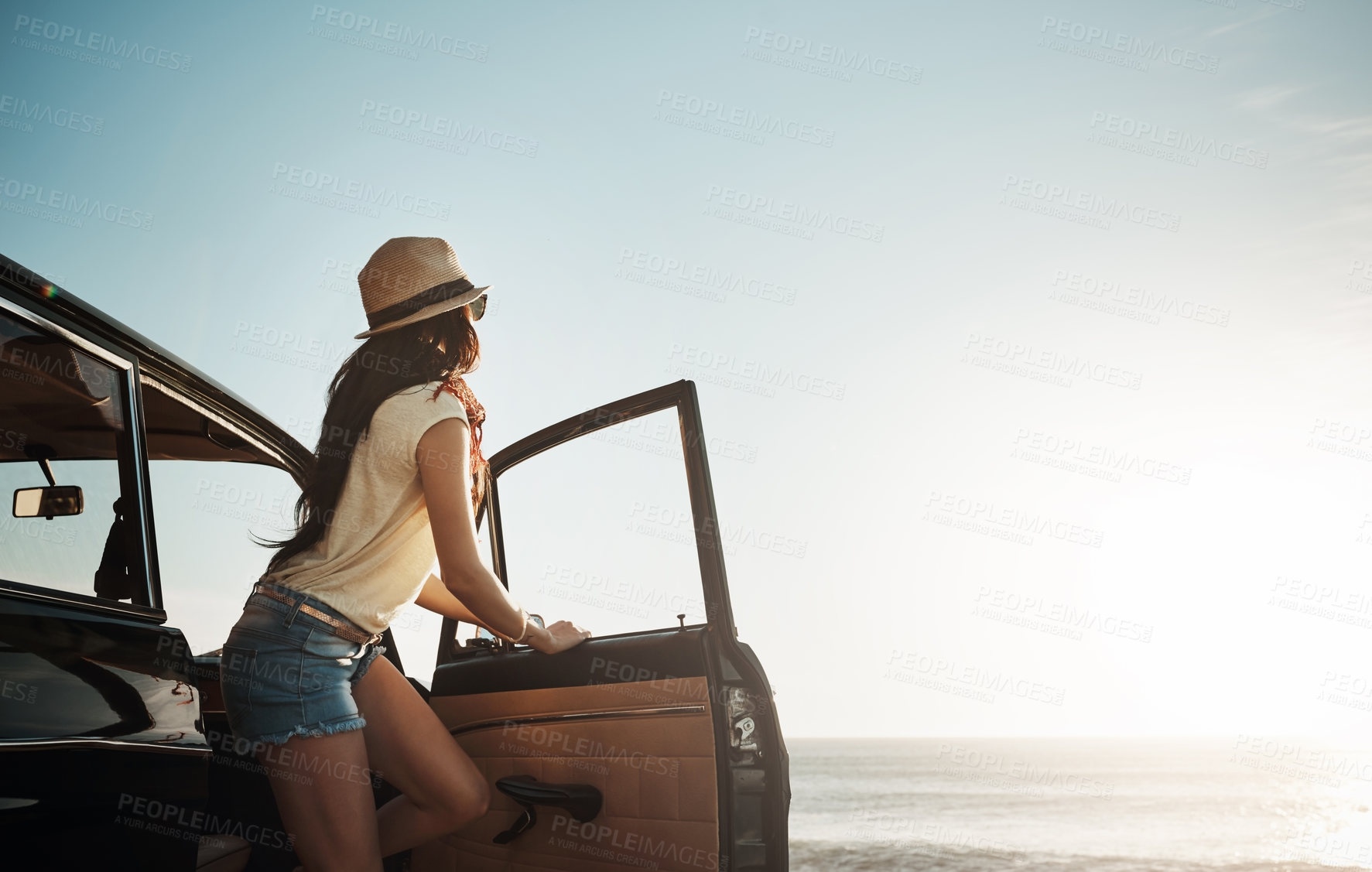 Buy stock photo Road trip, nature and woman in car by ocean on holiday, vacation and summer weekend in countryside. Travel, mockup and back of person in vehicle by sea for freedom, journey and adventure in morning