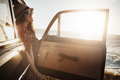 Buy stock photo Road trip, relax and woman in car by sea on holiday, vacation and summer weekend in countryside. Travel, lens flare and person in vehicle by ocean for transport, journey and adventure in morning