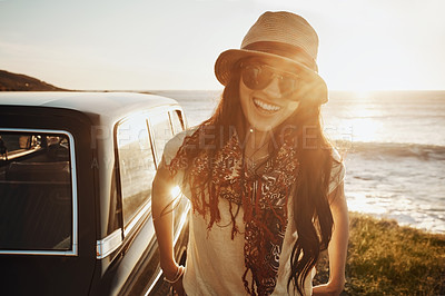 Buy stock photo Road trip, portrait and woman in car by sea on holiday, vacation and summer weekend in countryside. Travel, lens flare and person in vehicle by ocean for transport, journey and driving adventure