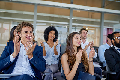 Buy stock photo Business, applause and conference for an agreement and support at a presentation with office team. Seminar, professional and workshop congratulations with smile at a meeting with an audience at work.