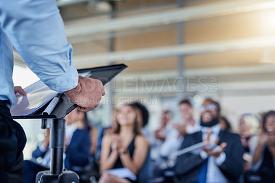 Buy stock photo Closeup, presentation and speaker with crowd, applause or speech with workshop, seminar or discussion. Zoom, male person or leader with audience, announcement or motivation with support or solidarity