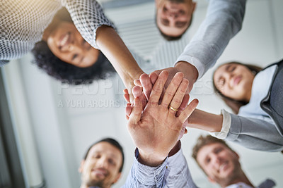 Buy stock photo Happy, circle and hands of business people in office for teamwork, collaboration and solidarity for about us. Corporate, diversity and low angle of workers for support, community and company pride