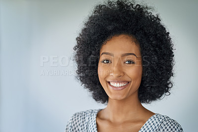 Buy stock photo Smile, portrait of happy black woman and in a white background from brazil. Confident or elegant, fashion designer and isolated smiling or excited Brazilian female person in a studio backdrop