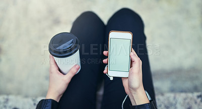 Buy stock photo Top view mockup, hands and phone screen with coffee in city, internet scroll and social media outdoor. Cellphone, space and hand of woman with marketing, advertising or commercial promotion in street