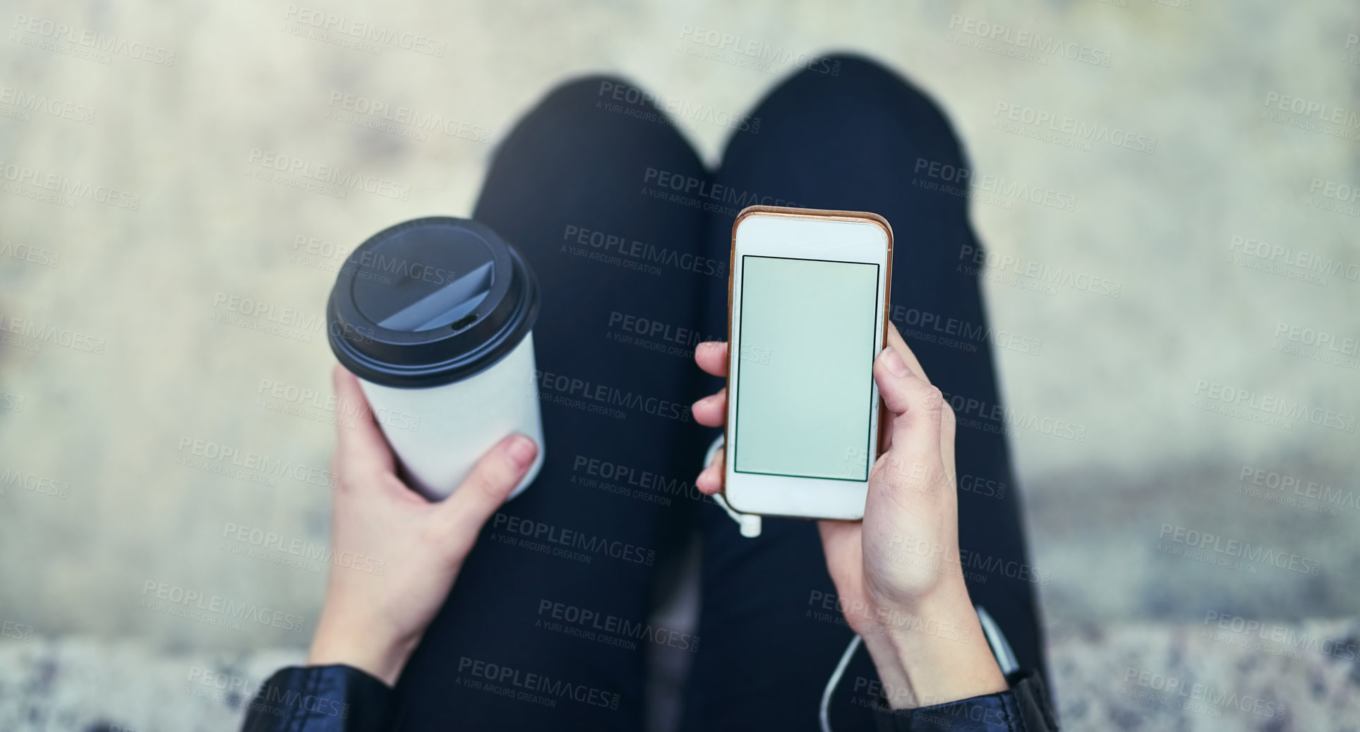Buy stock photo Top view mockup, hands and phone screen with coffee in city, internet scroll and social media outdoor. Cellphone, space and hand of woman with marketing, advertising or commercial promotion in street