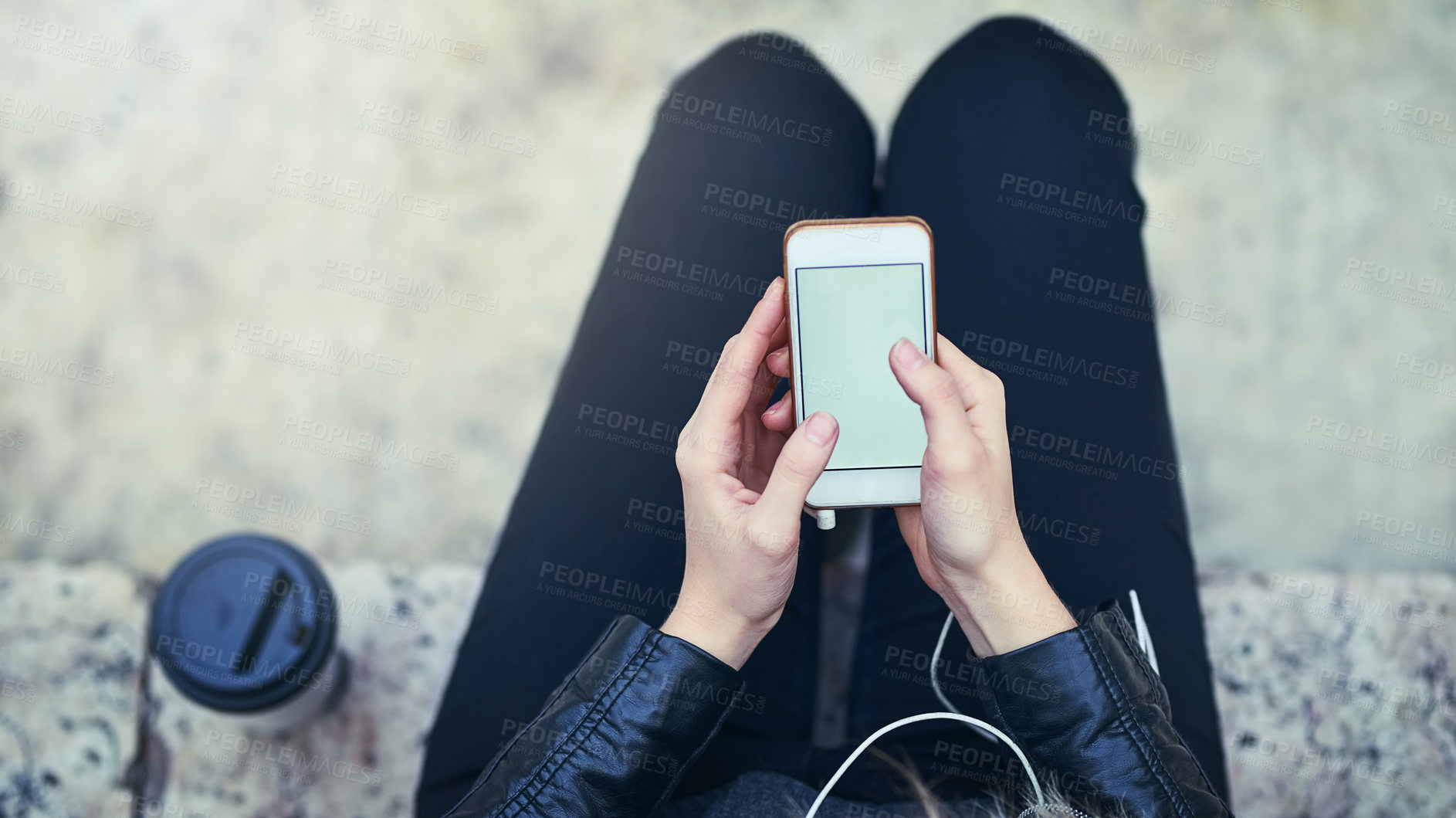Buy stock photo Top view, hands and phone screen with mockup in city, internet scroll and social media outdoor. Cellphone, space and hand of woman with marketing, advertising or commercial promotion in urban street