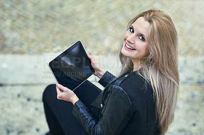 Buy stock photo Woman, tablet screen and portrait in city with social media, connectivity and travel research. Student, tech or happy in Australia for study schedule, communication or excited on sidewalk for contact