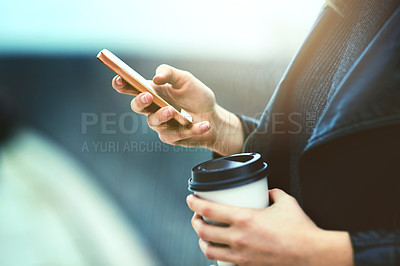 Buy stock photo Coffee, hands and cellphone for texting in city, internet scroll and web browsing mockup. Phone, hand and woman networking, online social media and messaging, website and mobile app outdoor on street