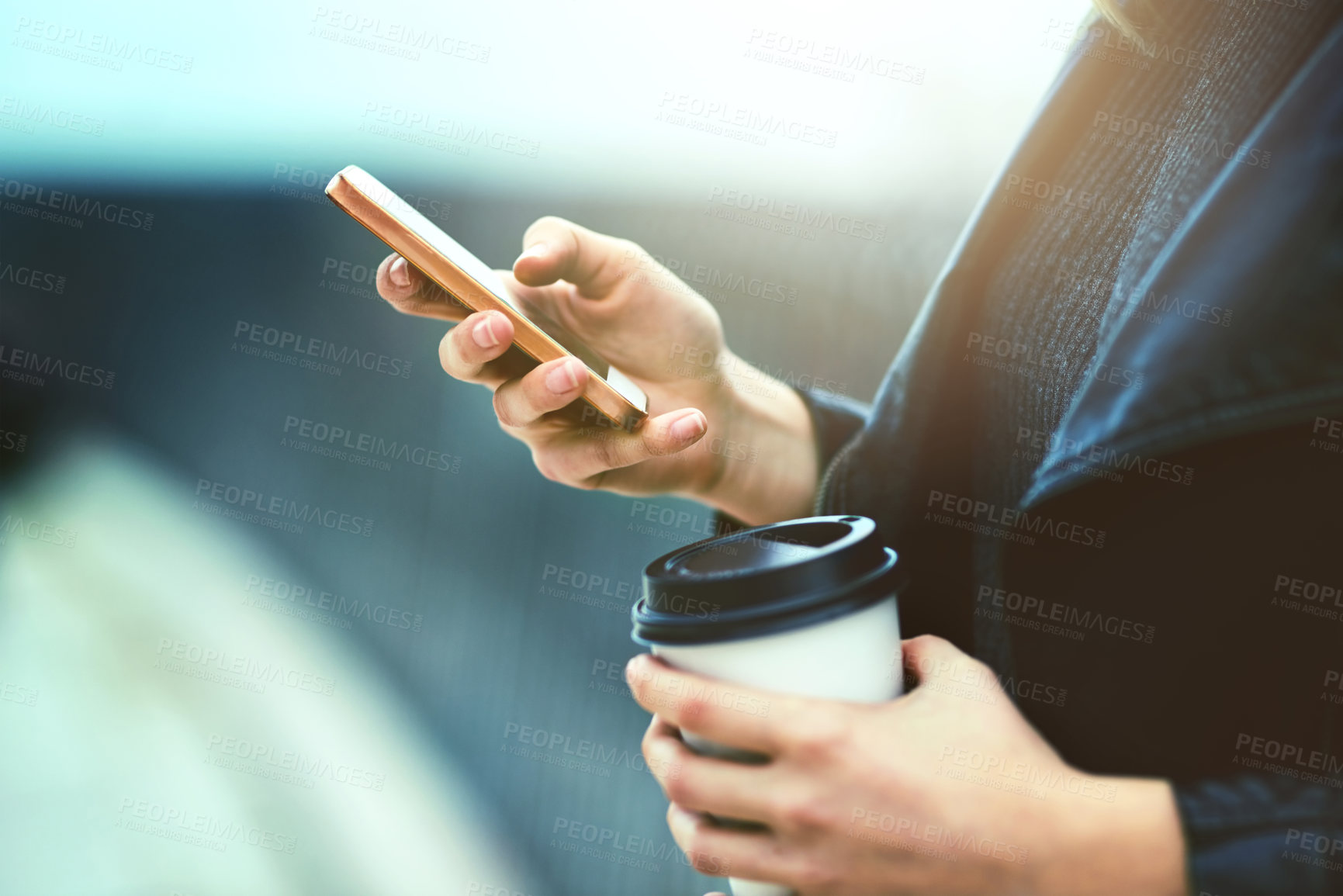 Buy stock photo Coffee, hands and cellphone for texting in city, internet scroll and web browsing mockup. Phone, hand and woman networking, online social media and messaging, website and mobile app outdoor on street