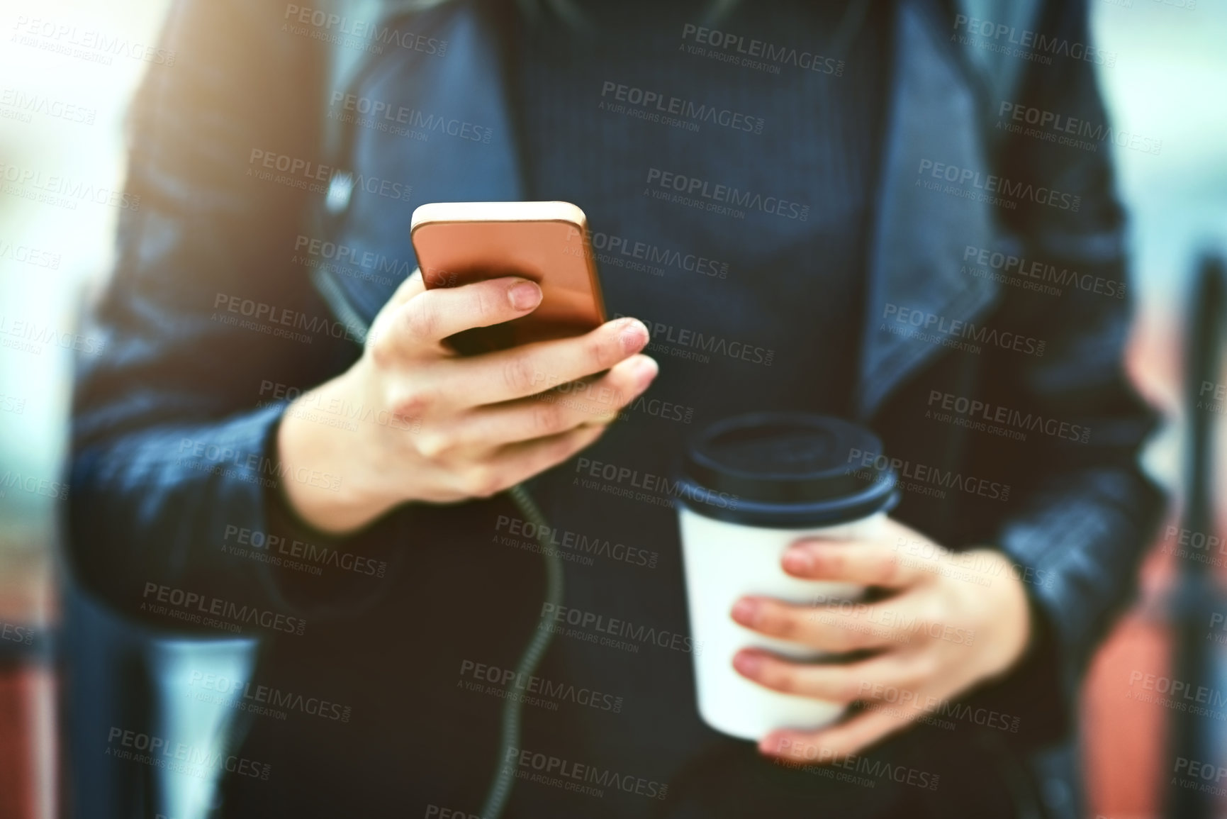 Buy stock photo Hands, coffee and phone for texting in city, internet scroll and web browsing. Cellphone, hand and woman networking, online social media and messaging, website and mobile app outdoor on urban street.