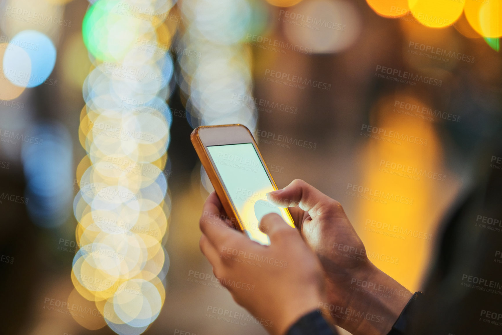 Buy stock photo Bokeh, hands and cellphone for typing in city, internet scroll and web browsing at night mockup space. Phone, hand closeup and woman networking, online social media and mobile app for email outdoor.