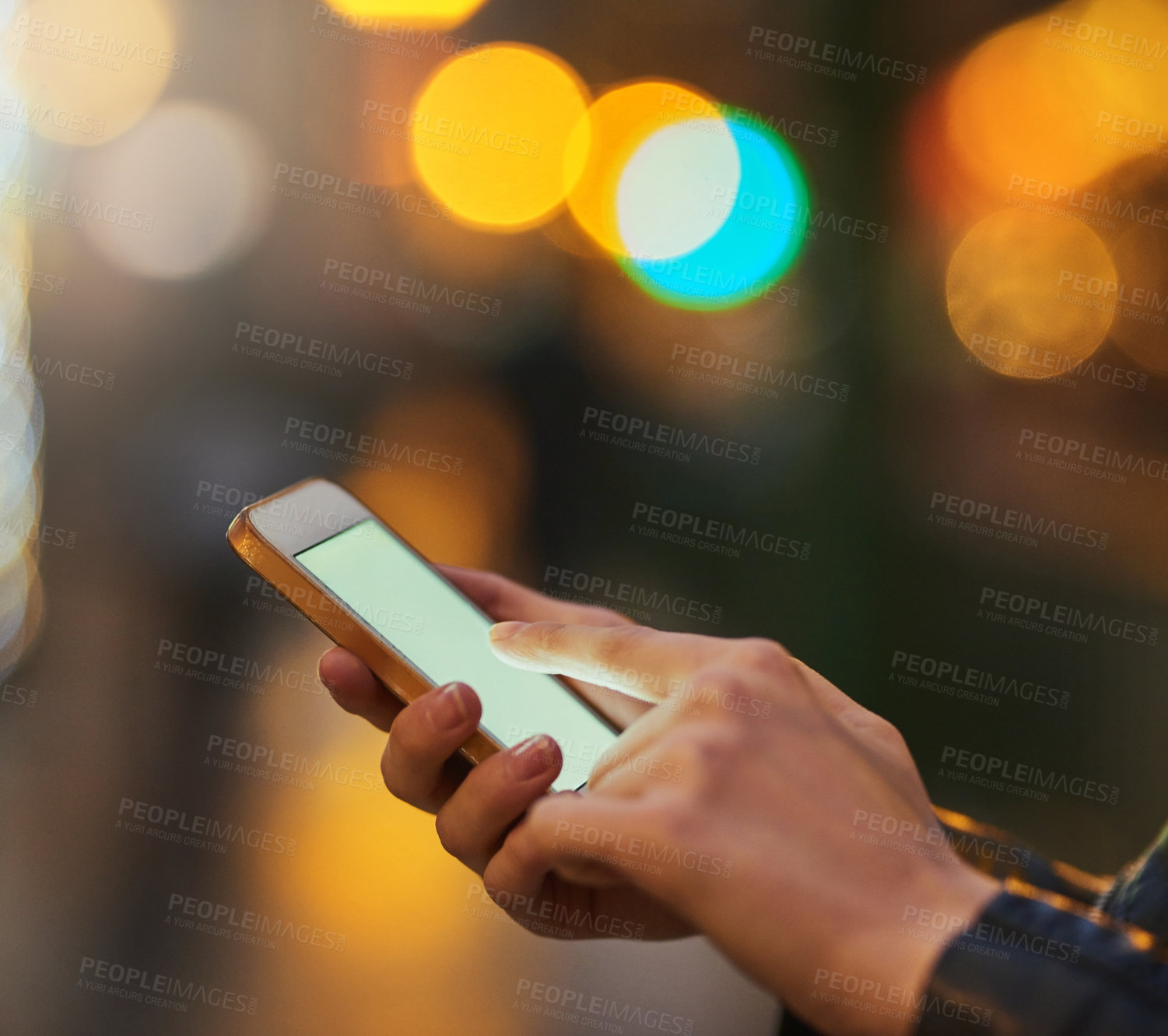 Buy stock photo Hands, bokeh and phone screen in city, internet scroll and web browsing at night mockup space. Cellphone, hand closeup and woman networking, online social media and typing on mobile app for email.
