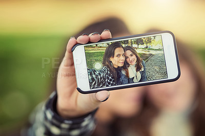 Buy stock photo Cropped shot of two attractive young women taking selfies while sitting in the park