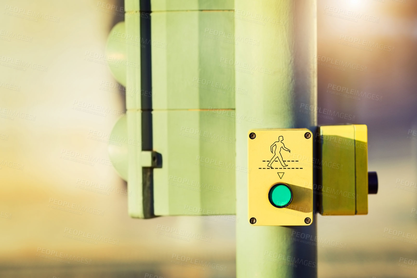 Buy stock photo Cropped shot of a pedestrian crossing button on a traffic light