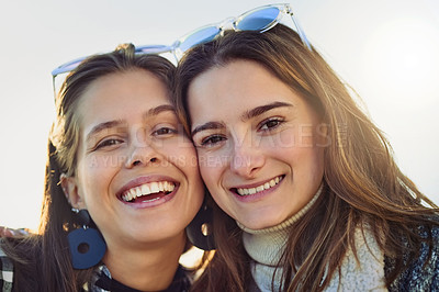 Buy stock photo Friends, women and outdoor portrait by sky, bonding and travel to Berlin on weekend trip. People, happy together and peace on vacation to nature, holiday and united in sisterhood or relationship