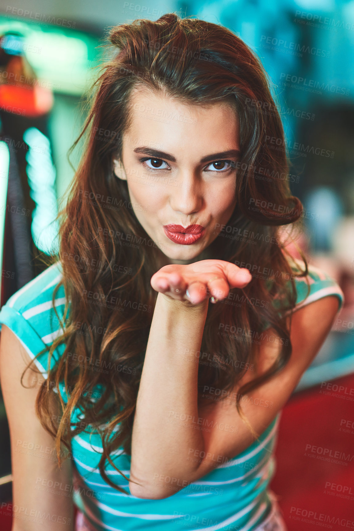 Buy stock photo Shot of a beautiful young woman in a diner