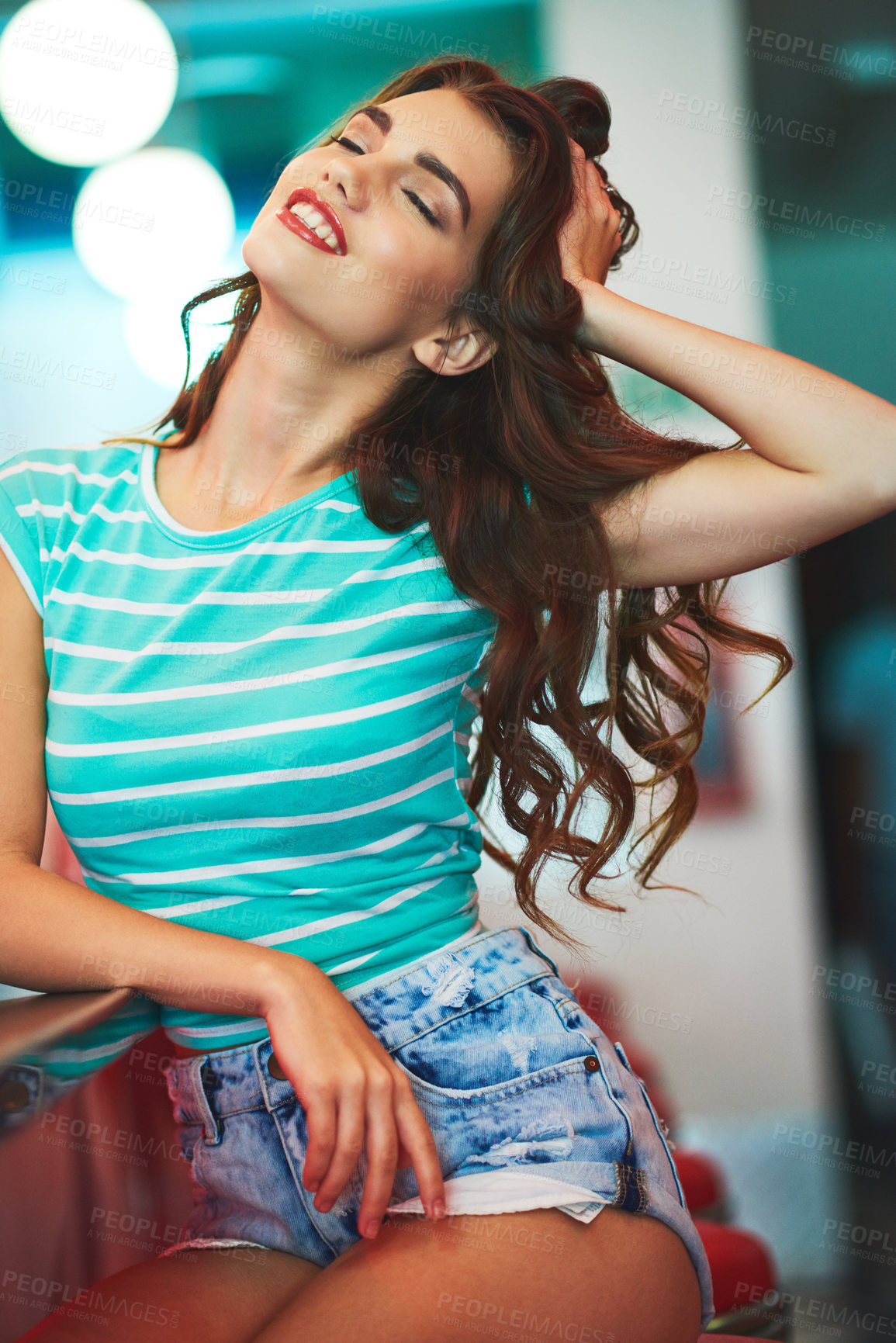 Buy stock photo Relax, retro and smile with woman in diner, waiting for friendly hospitality or service. Eyes closed, makeup and vintage with happy customer person in cafe or restaurant for break or visit on weekend