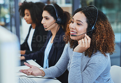 Buy stock photo Customer support, call center and happy woman on computer in office for talking, communication and consulting. Business, virtual assistant and person for contact, crm service and online receptionist