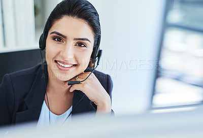 Buy stock photo Woman, headset and call center in office, portrait and customer service for conversation and online support. CRM, telemarketing and consultant for career, operator and female person for hotline agent