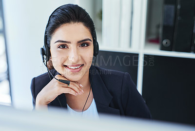 Buy stock photo Woman, headset and call center in office, portrait and customer service for conversation and online support. CRM, telemarketing and consultant for career, operator and female person for hotline agent