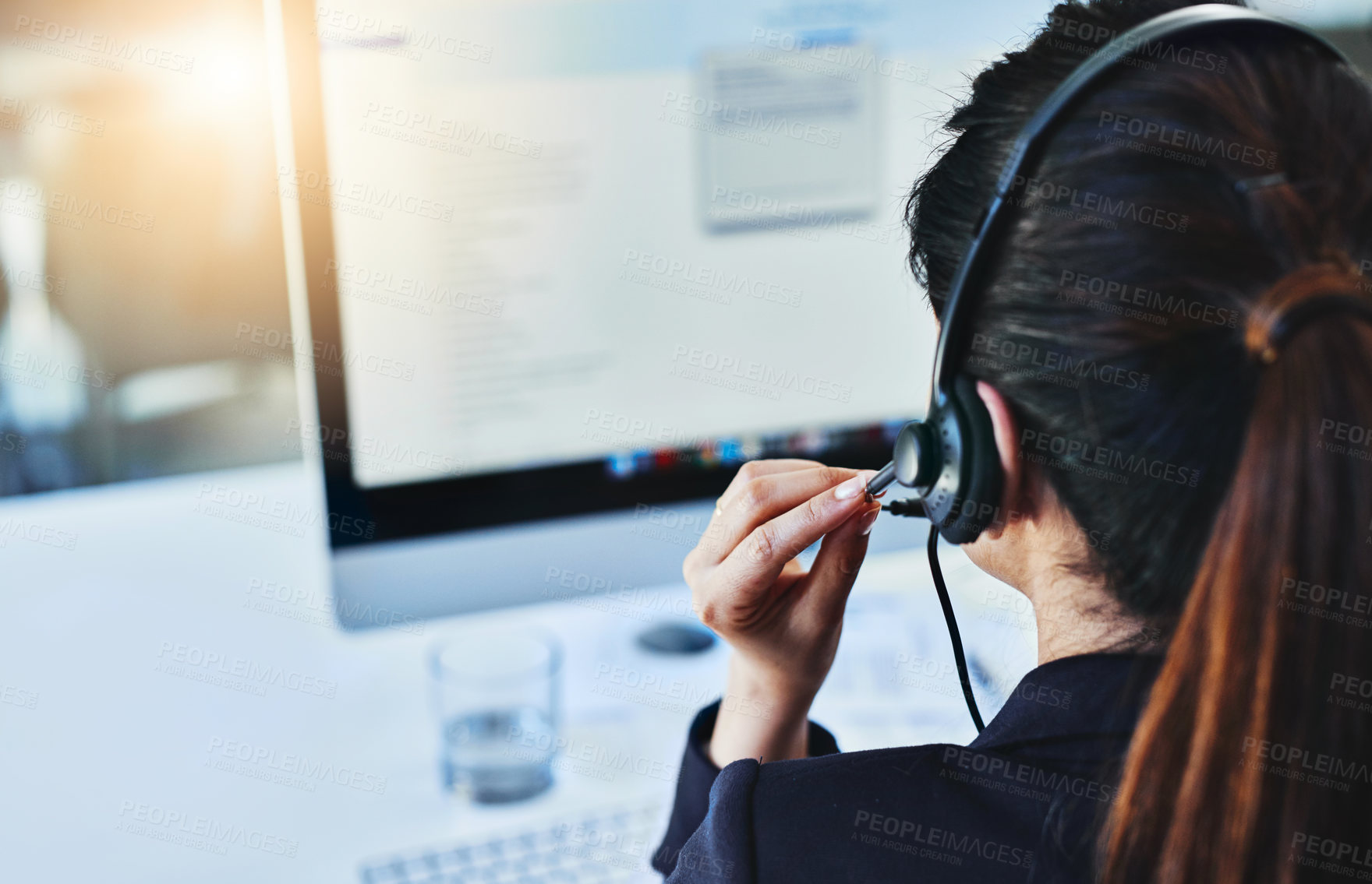 Buy stock photo Woman, headset and call center in office, crm and customer service for conversation and online support. Computer, telemarketing and consultant for career, operator and female person for hotline agent