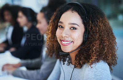 Buy stock photo Portrait of a young woman working in a call centre