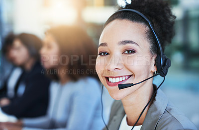 Buy stock photo Portrait of a young woman working in a call centre