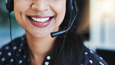 Buy stock photo Girl, office and mouth in call center for telemarketing, consulting and outbound customer support for sales. Woman, consultant and headphones for communication, listening and contact us for advice.