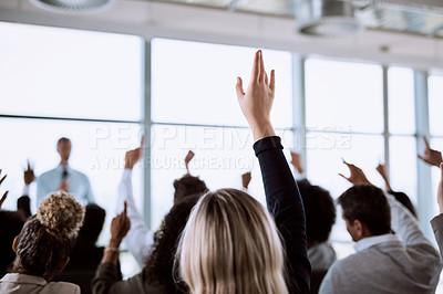 Buy stock photo Conference, group and business people with hands for a vote, question or volunteering. Corporate event, meeting and hand raised in a training seminar for questions, voting or audience opinion