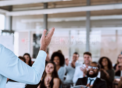 Buy stock photo Cropped shot of a businessman delivering a speech during a conference