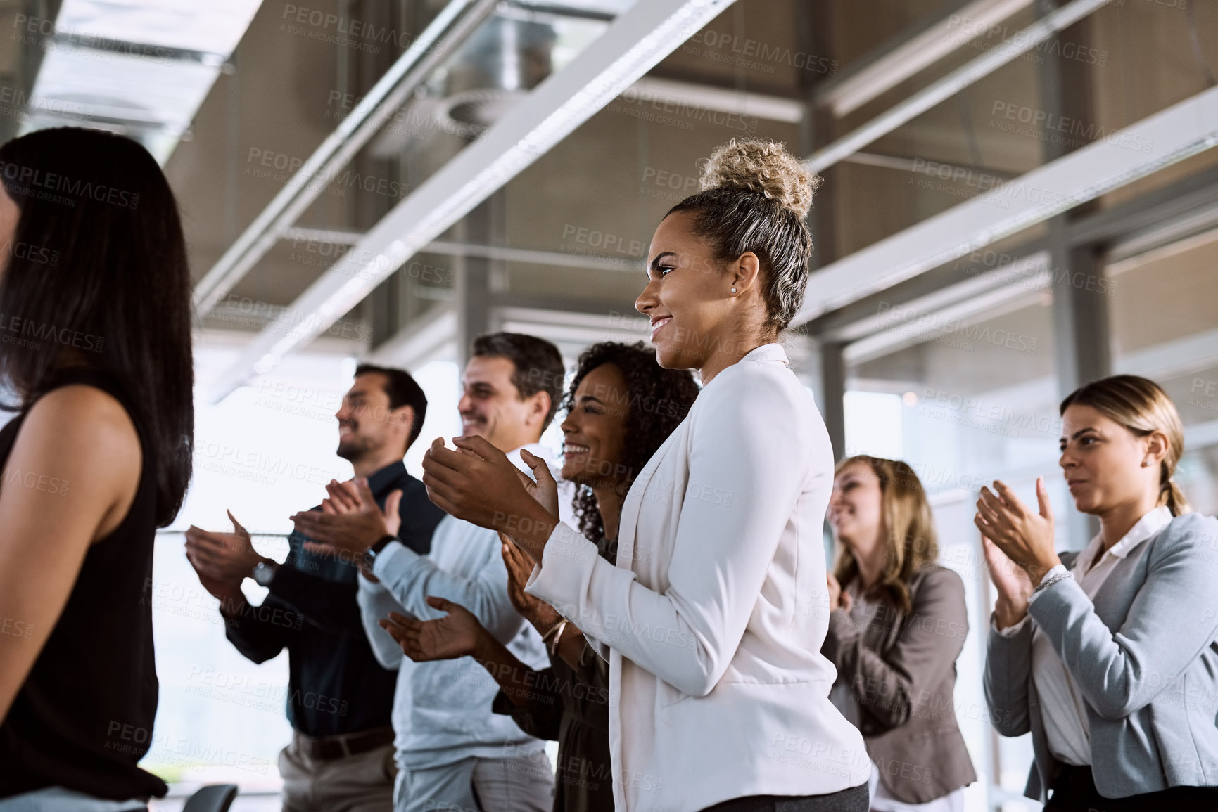 Buy stock photo Business, people and applause for workplace presentation, audience and corporate with professional speech. Support, seminar and company conference with standing ovation, clapping and crowd approval