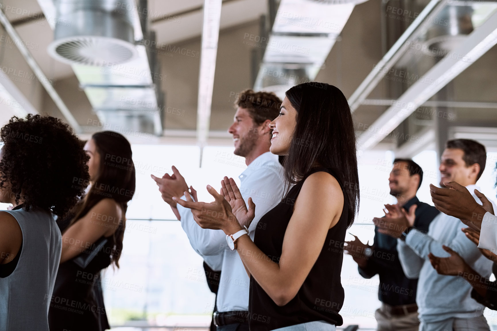 Buy stock photo Business, people and applause for workplace speech, audience and corporate with professional presentation. Support, seminar and company conference with standing ovation, clapping and crowd approval