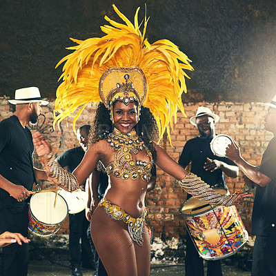 Buy stock photo Samba, dance and black woman at Carnival to celebrate, night energy and holiday party in Rio de Janeiro, Brazil. Street band, music smile and portrait of a dancer at an outdoor festival dancing