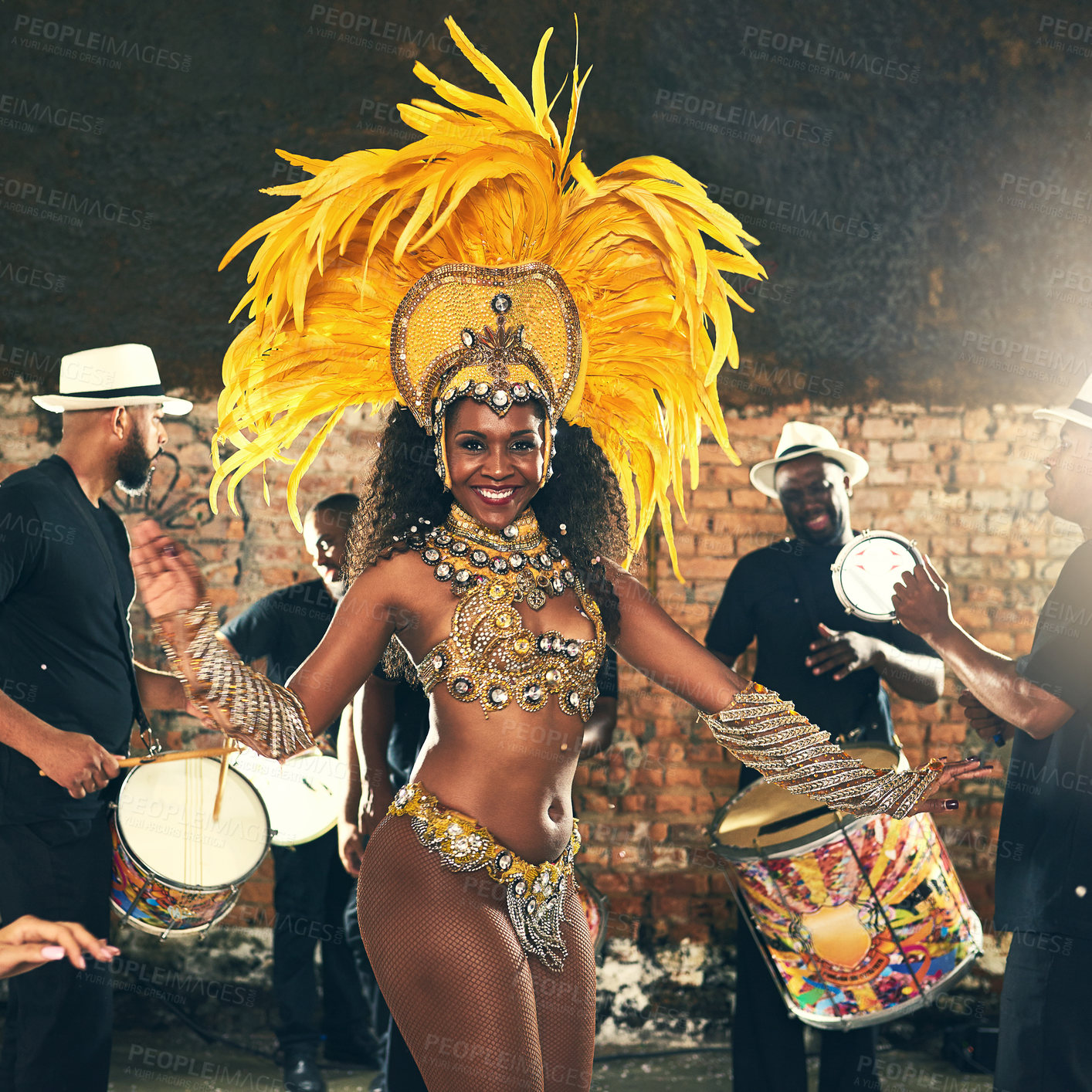 Buy stock photo Samba, dance and black woman at Carnival to celebrate, night energy and holiday party in Rio de Janeiro, Brazil. Street band, music smile and portrait of a dancer at an outdoor festival dancing