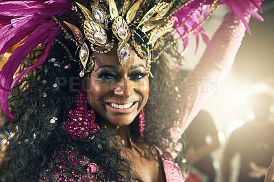 Buy stock photo Portrait of black woman, samba dancer and Brazil carnival, nightlife celebration or party fashion. Female performance, dancing artist or music festival in rio de janeiro, concert and creative culture